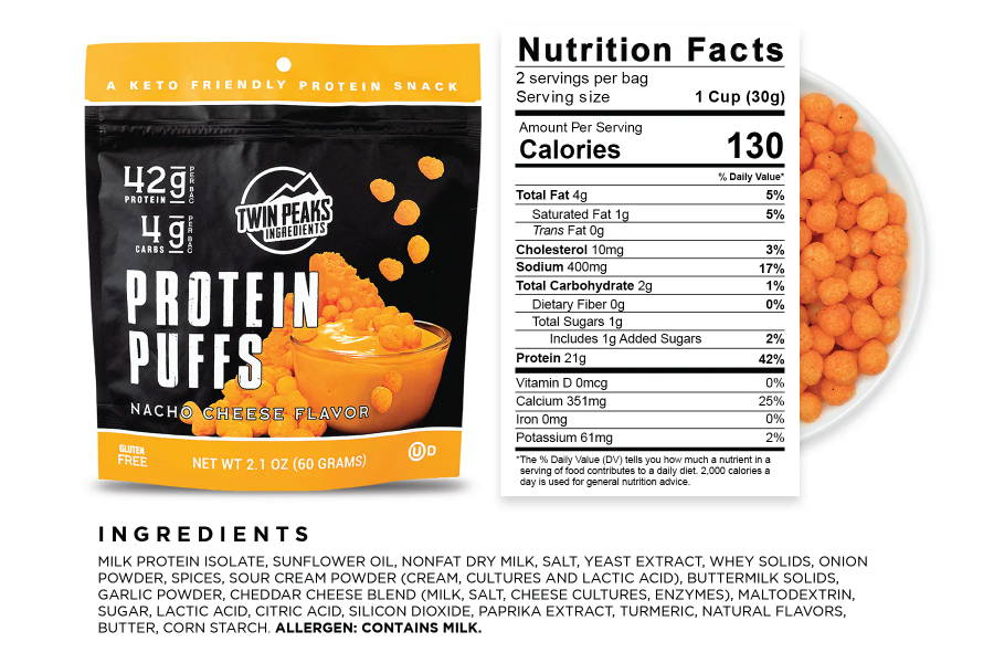 Nacho Cheese Protein Puffs Bag and Nutrition Facts