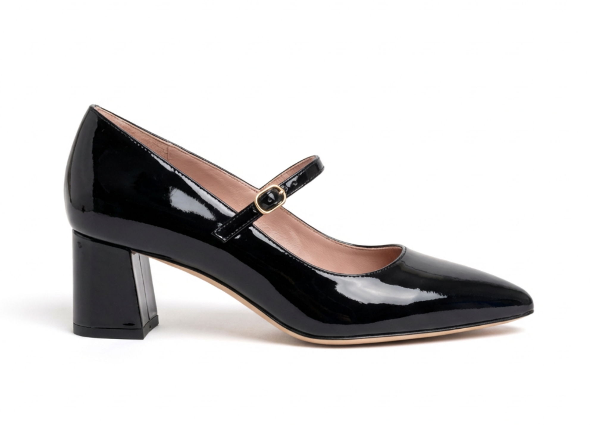 Black patent leather block-heeled Mary Jane shoe with ankle strap.