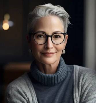 Woman with grey hair wearing black round glasses