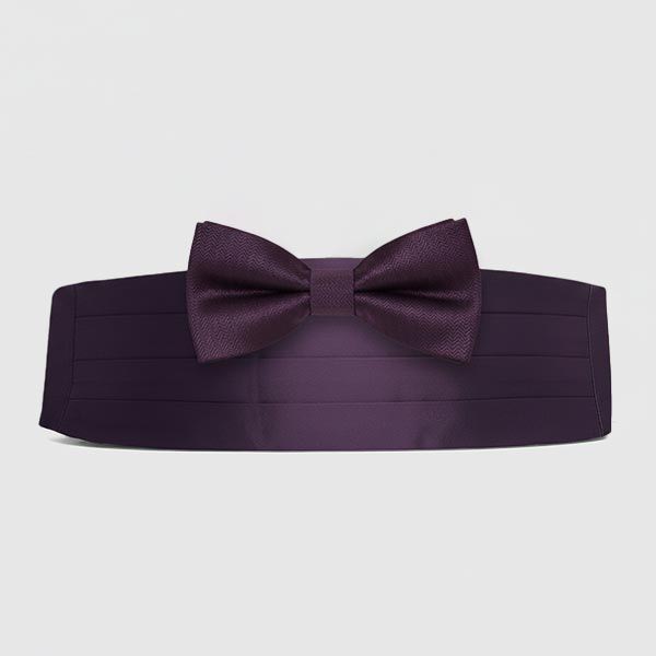 Eggplant textured bow tie paired with a matching solid eggplant cummerbund, shown as a coordinated formalwear accessory set demonstrating mixed textures in the same color.