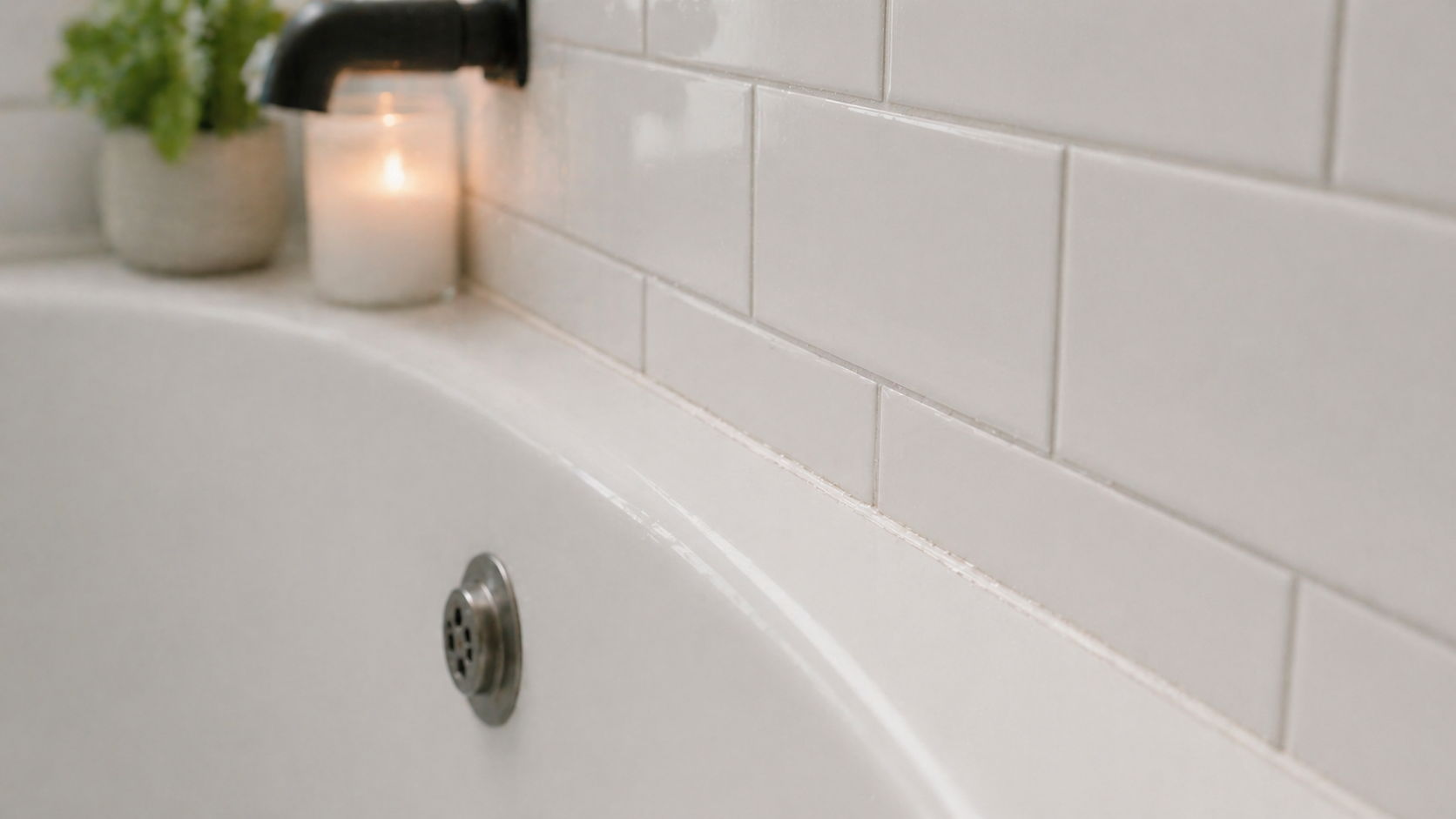 White bathtub edge with tiles, a candle, and a small plant.