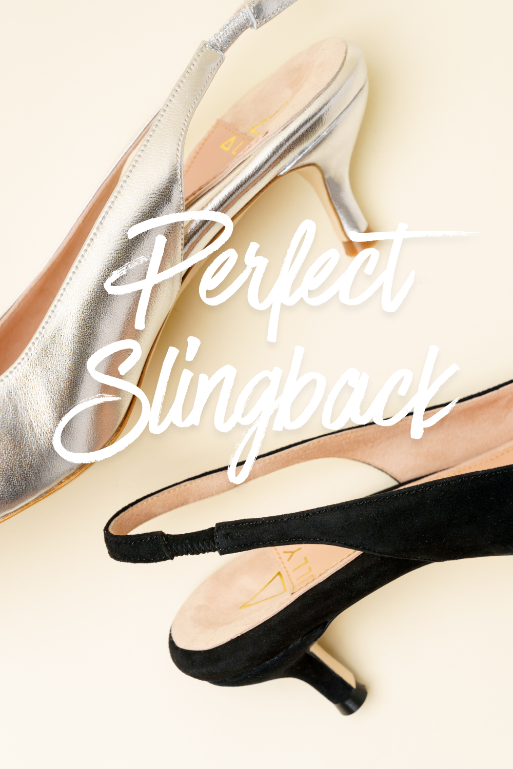 Silver and black slingback heels with text 
