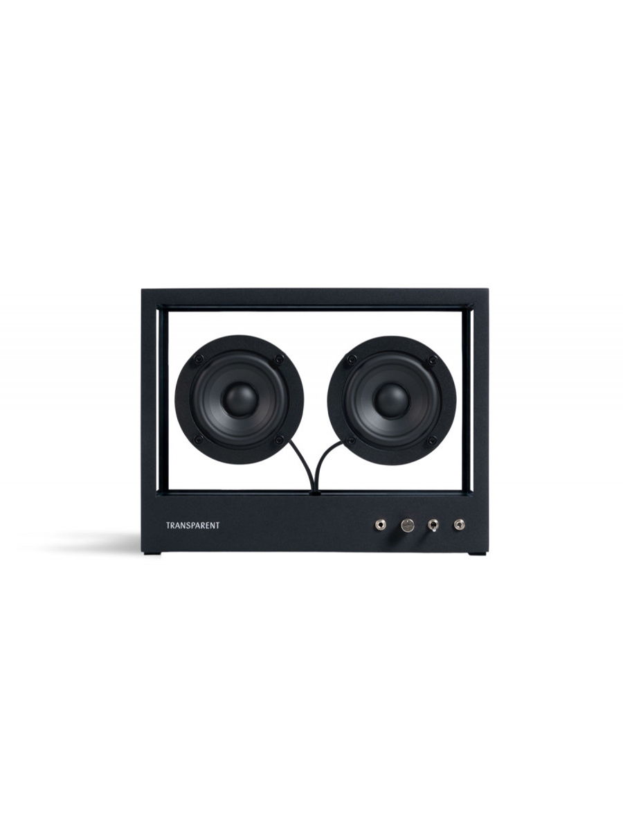 Black transparent speaker with two round woofers and control buttons.