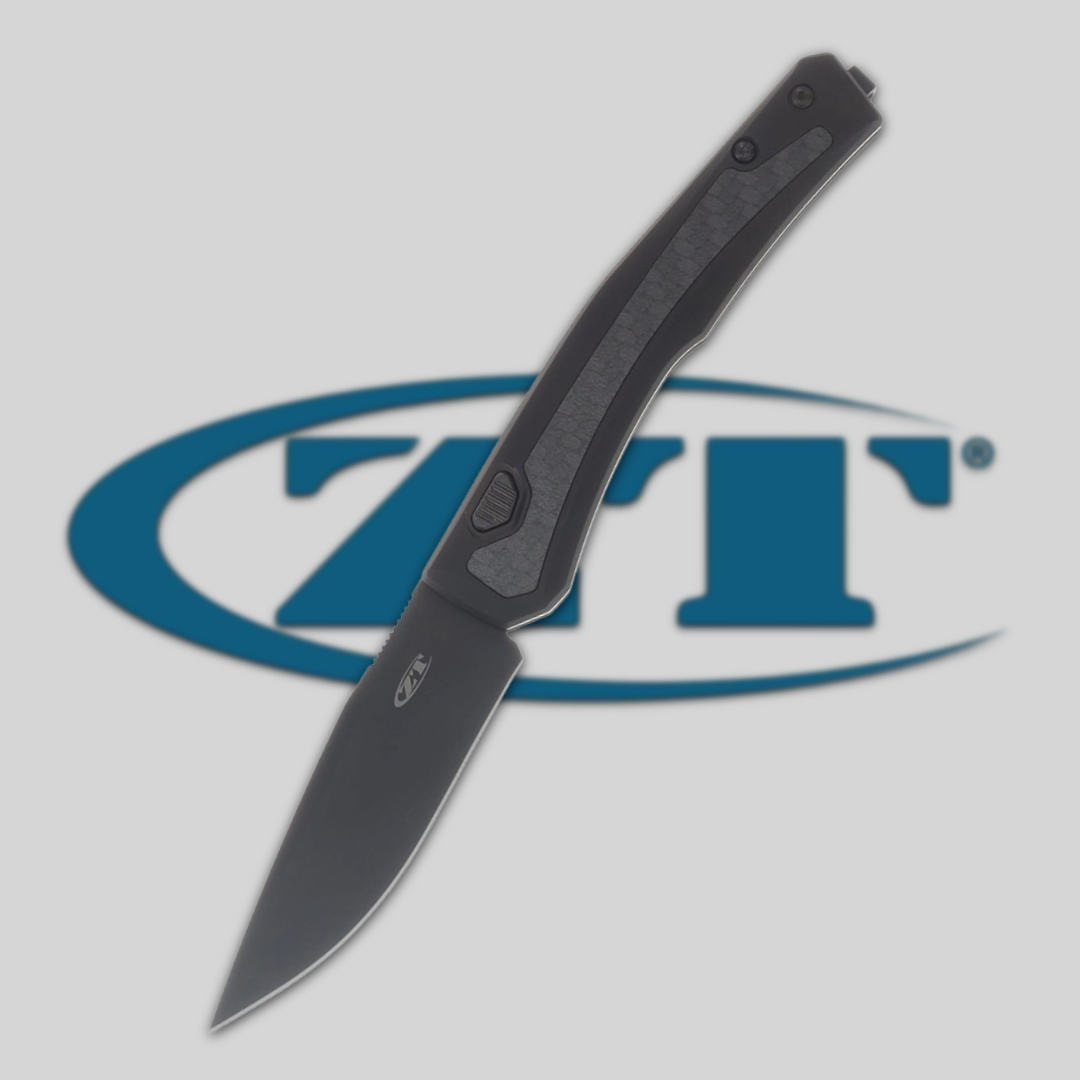 Black folding knife with ZT logo in background.