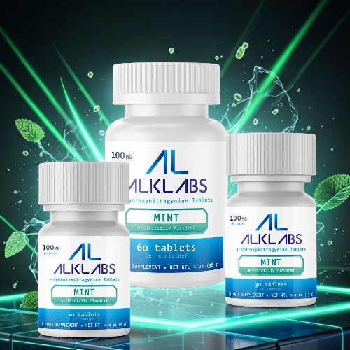 Bottles of ALKLABS mint tablets with a futuristic background.