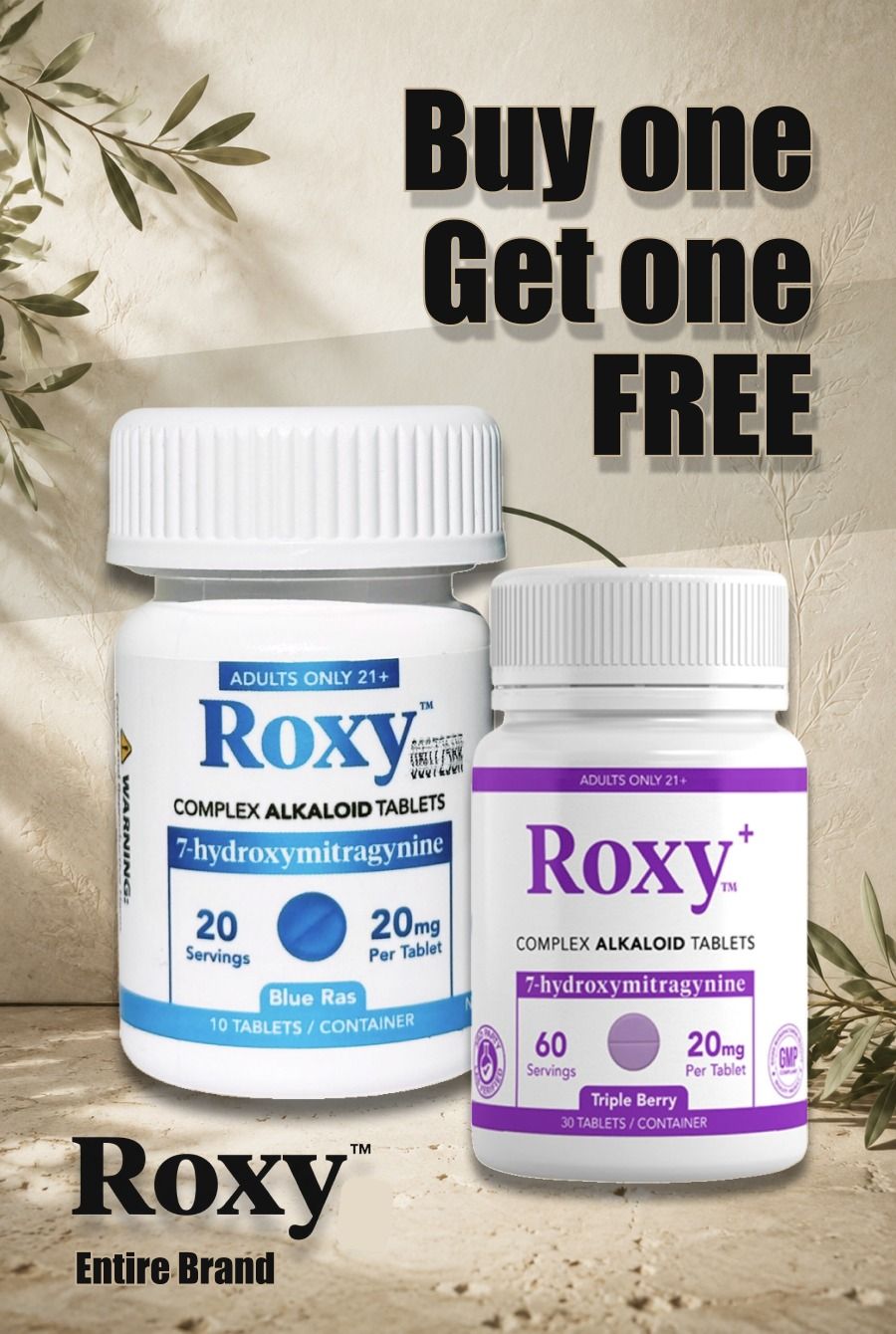 Buy one get one free Roxy supplement promotion with two pill bottles.