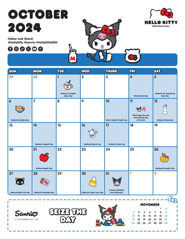 Sanrio Friend of the Month October 2024 Calendar featuring Kuromi.