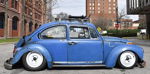 Full side profile blue 1971 Volkswagen Super Beetle slammed stance white disc wheels Zach's Shocker XL gallery photo 3
