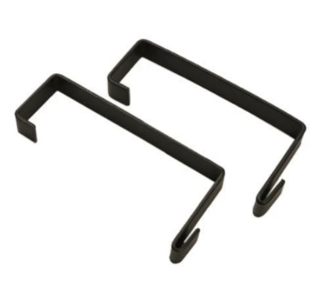 Two black metal hooks for hanging items.