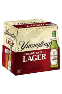 Yuengling Traditional Lager six-pack with bottle and glass illustration.