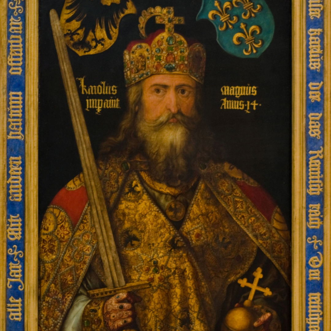Portrait of a regal figure wearing a crown, holding a sword and cross.