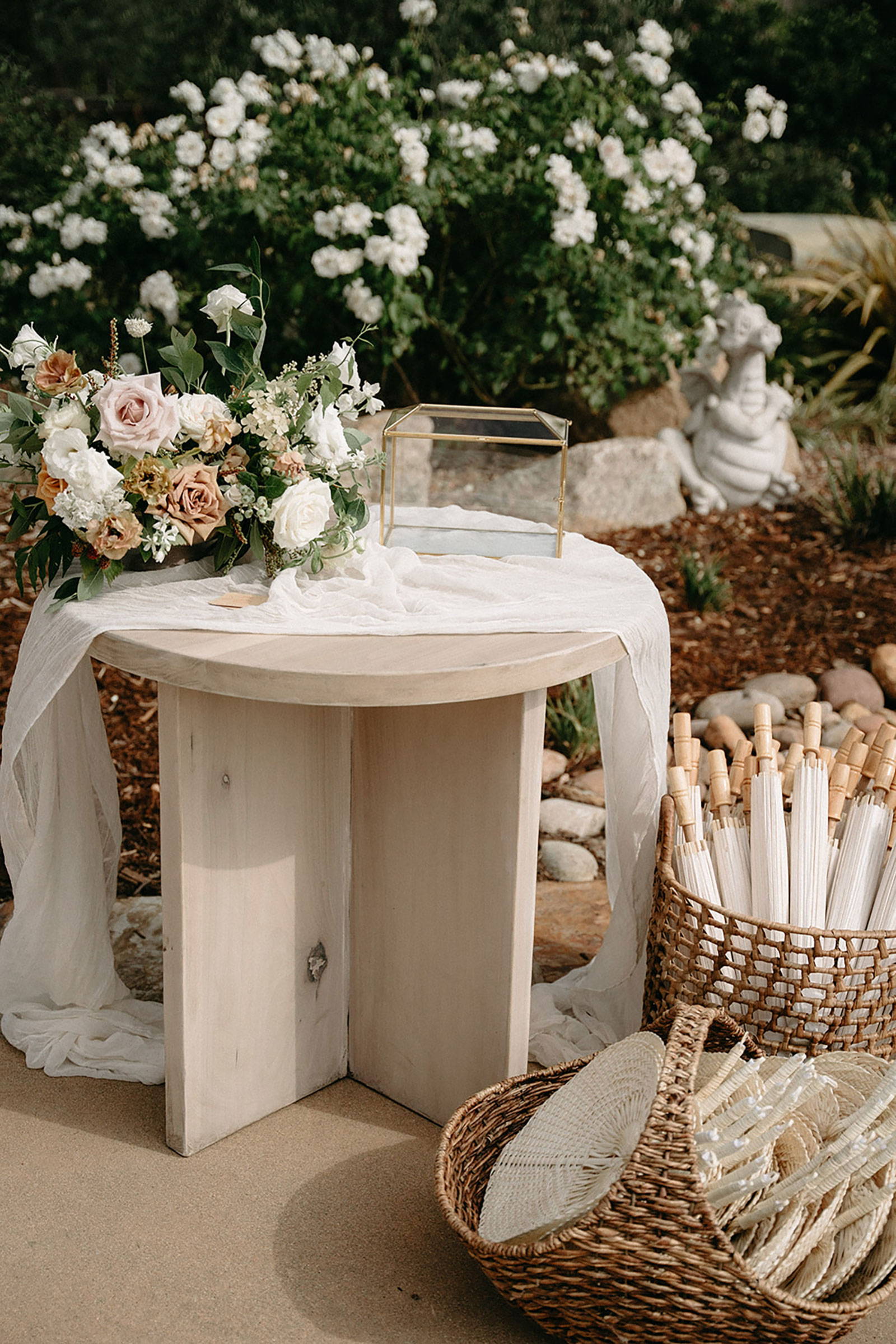 Wooden stool with wedding bouquet