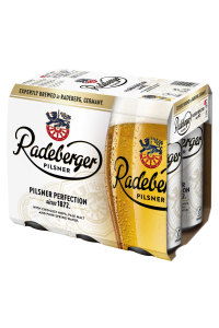 Six-pack of Radeberger Pilsner beer with branding and product details.