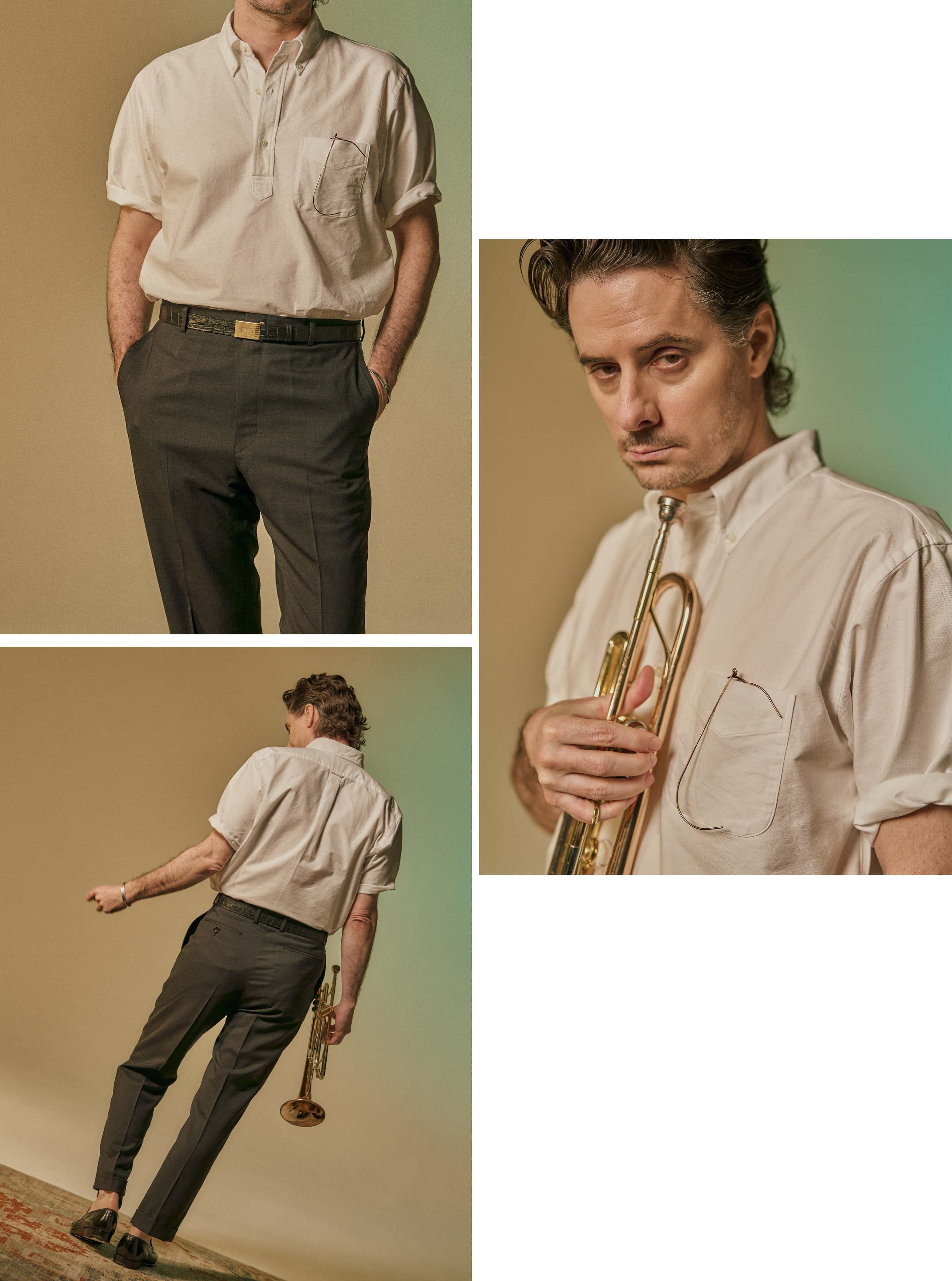 Man in a light shirt holding a trumpet, posing in various angles.