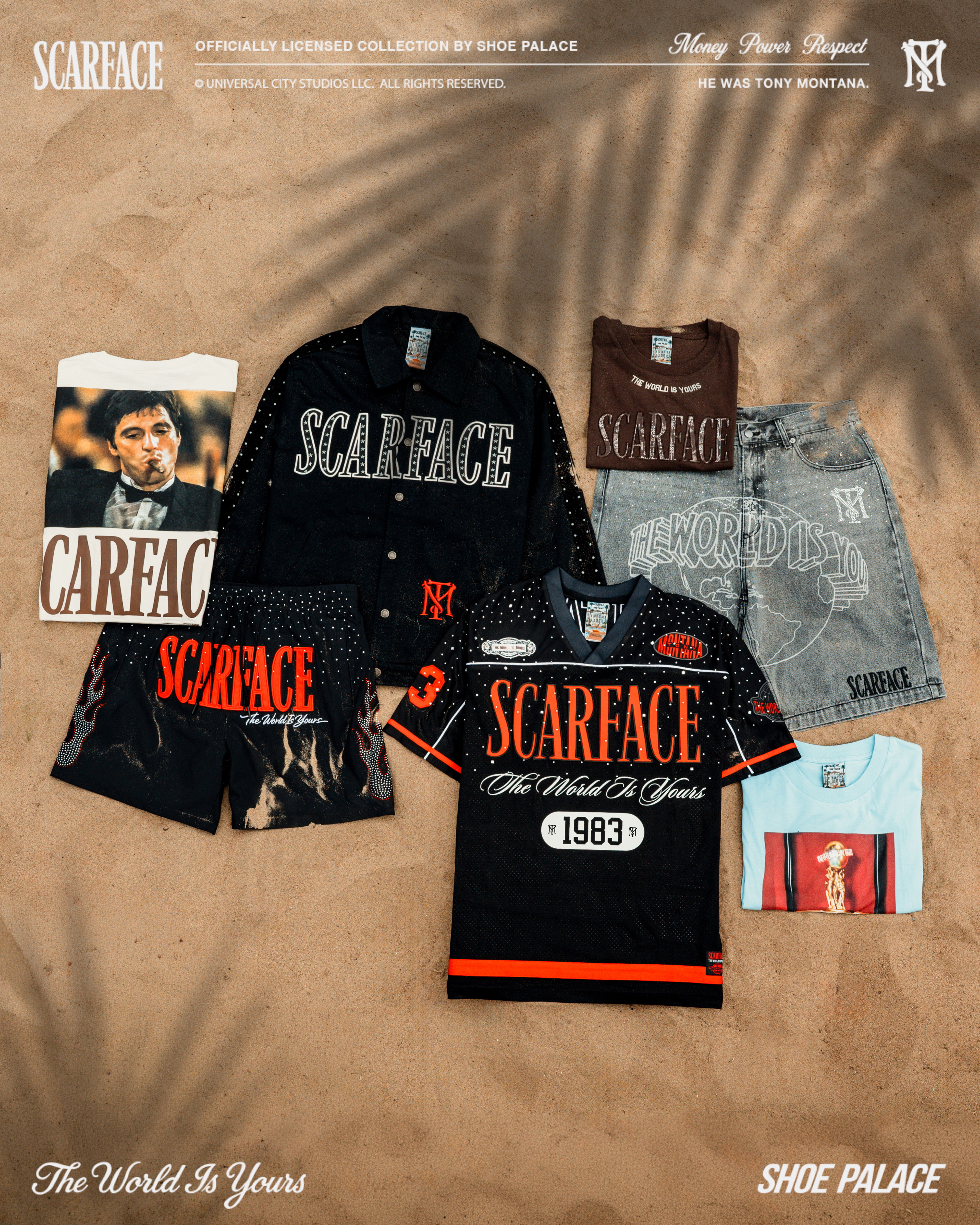 Scarface-themed clothing collection displayed on a flat surface.