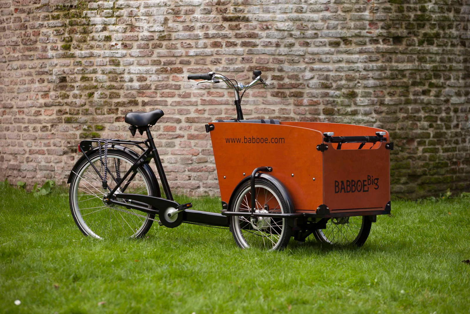 Babboe Big cargo bike stands against a brick wall on a grassy patch.