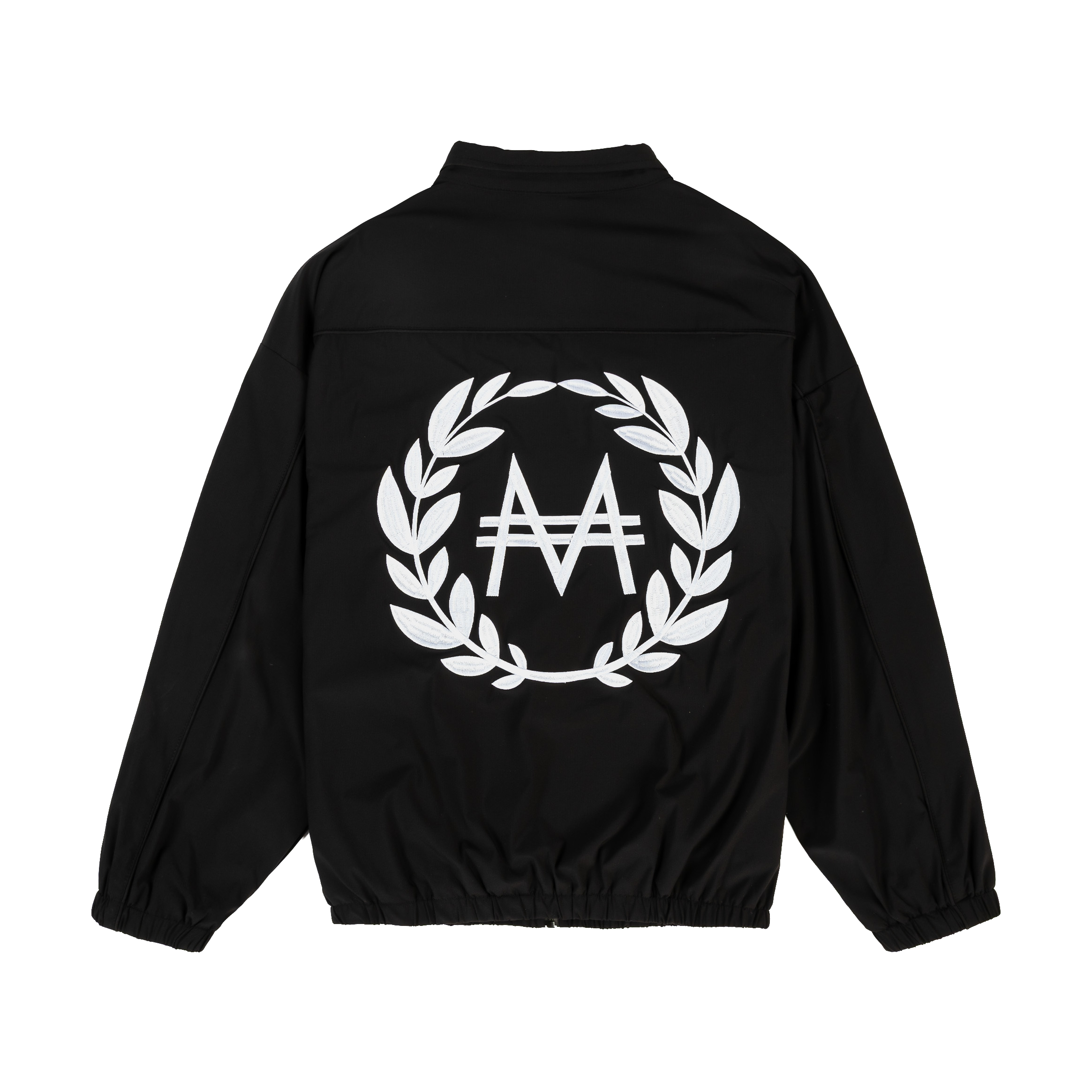 Black zip-up jacket with logo and text on the front.