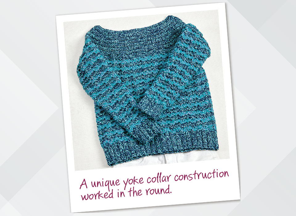A unique yoke collar construction worked in the round.