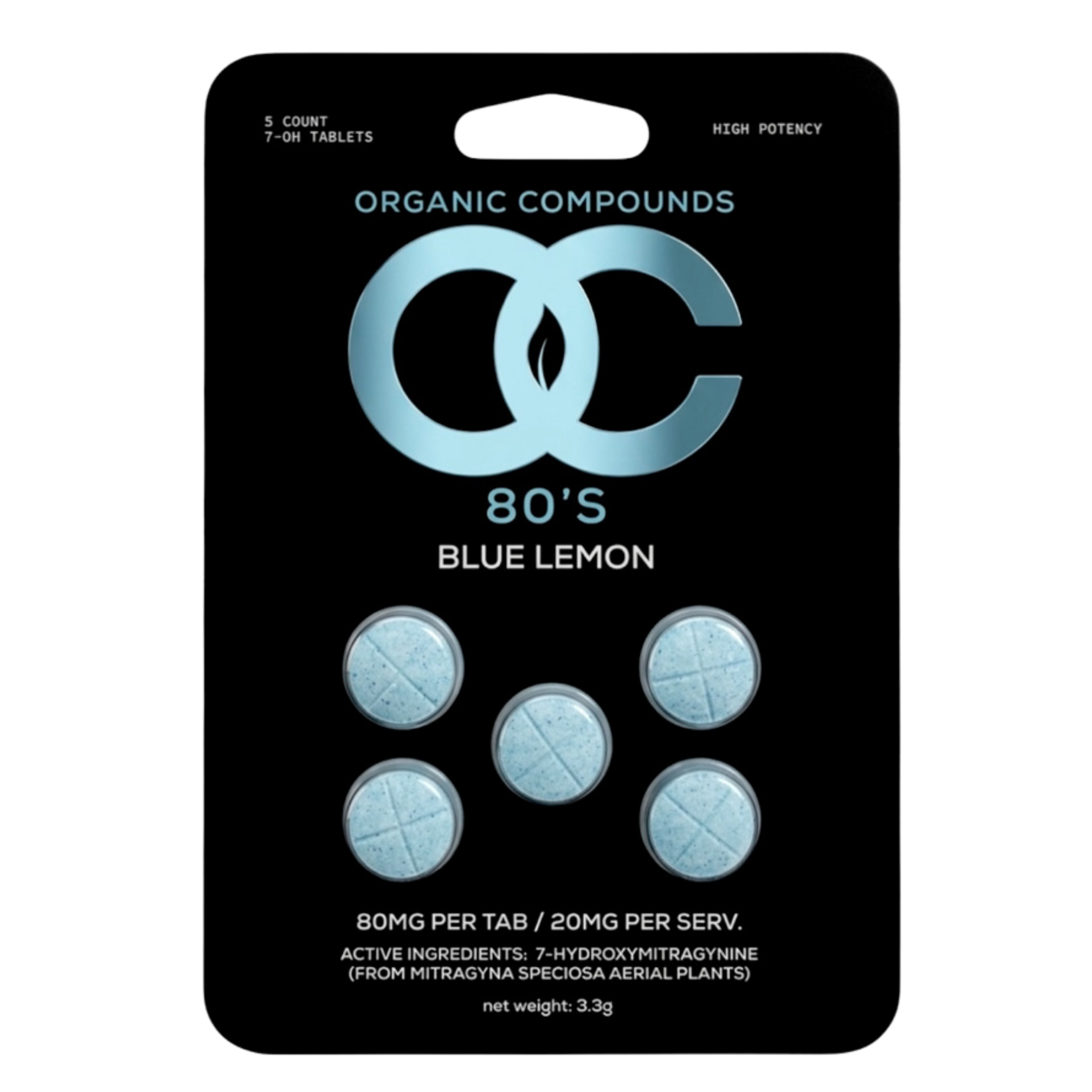 Organic Compounds 80's Blue Lemon tablets packaging with five blue tablets.