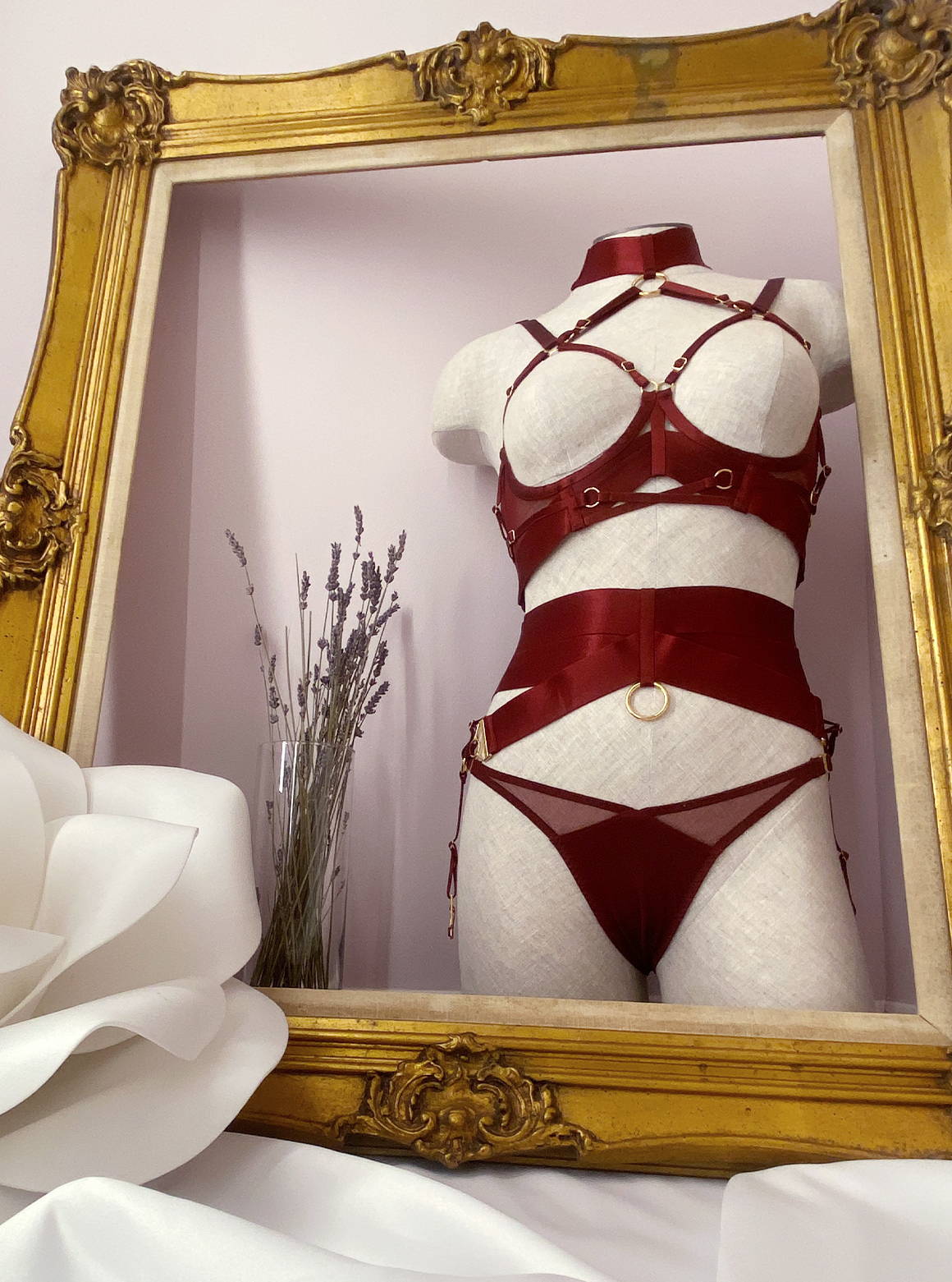 Mannequin wearing the Bordelle Kora Multi-Style Bodice Bra, Aurea Suspender and Thong