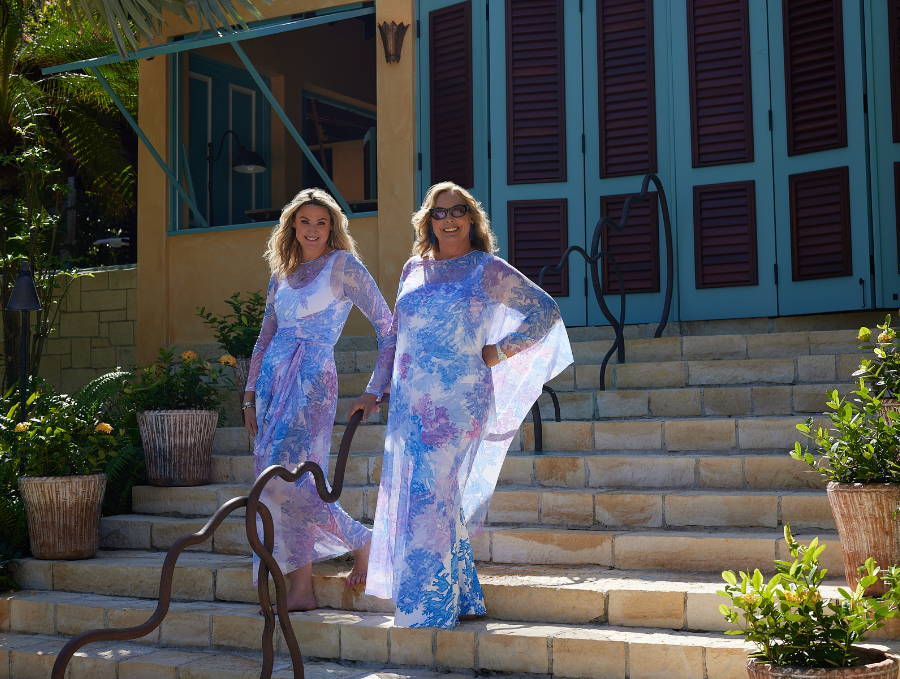 Ala and Sunny wearing blue coral printed mesh toppers by Ala von Auersperg for resort 2023