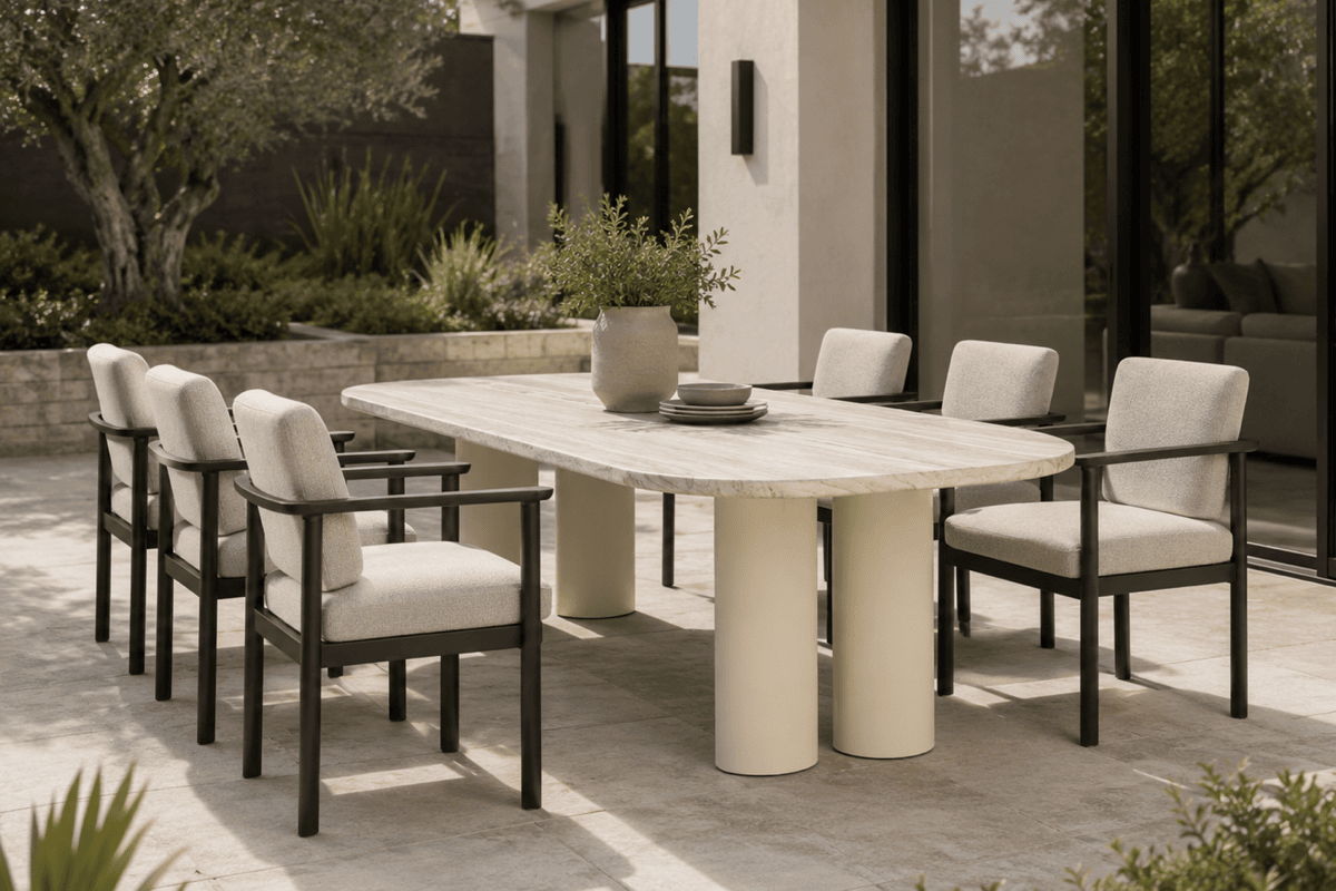 Large outdoor dining table with stone top, aluminum base and upholstered dining chairs on a modern patio