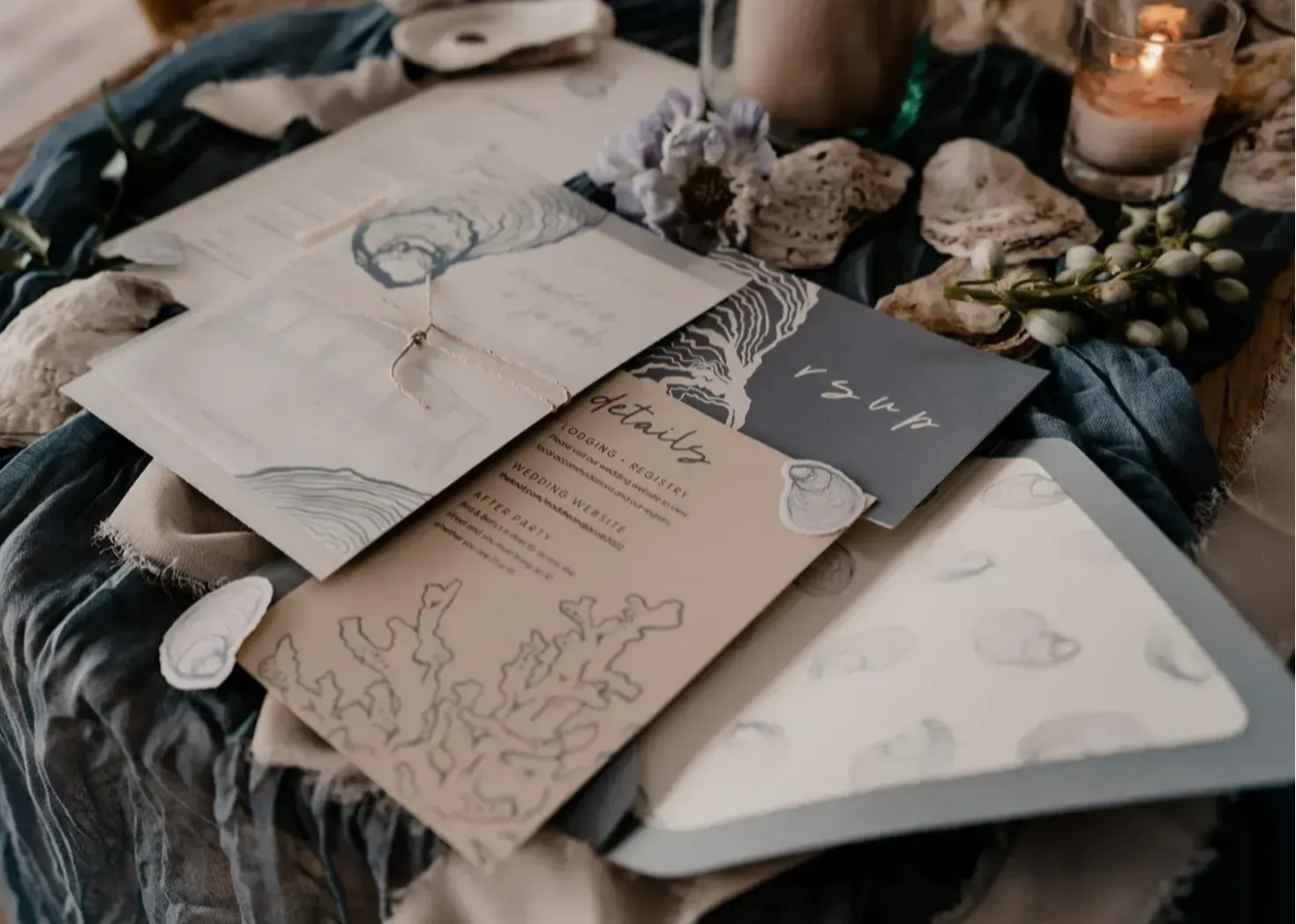 Coastal wedding invites flatlay