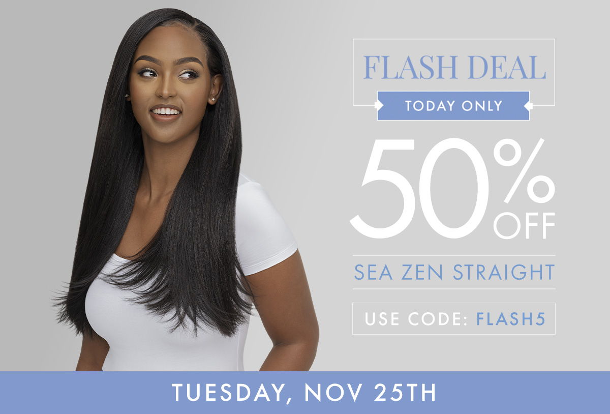 Woman with long hair promoting 50% off sale on hair products.