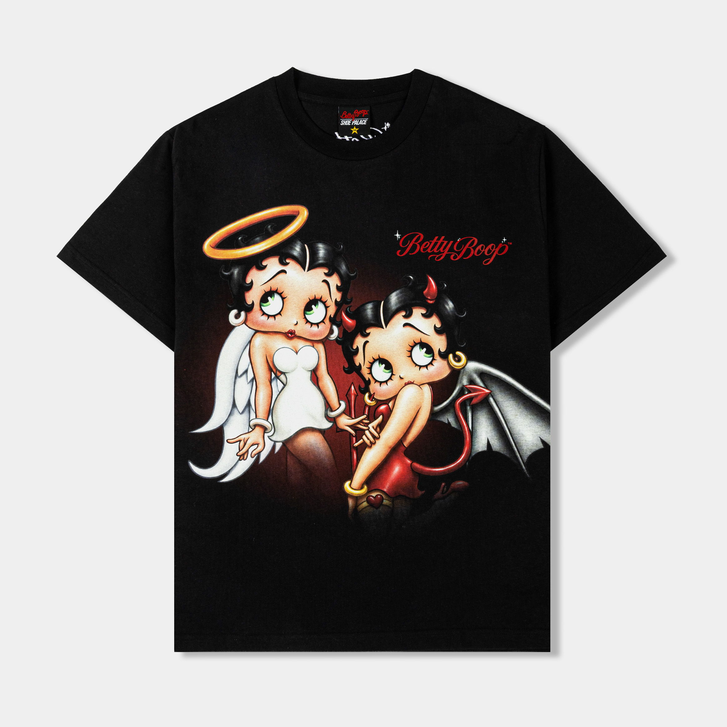 Black t-shirt featuring cartoon characters, one angelic and one devilish.
