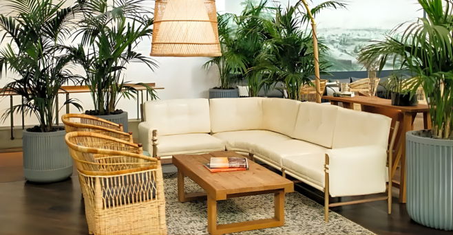 Cozy indoor seating area with plants and wooden furniture.
