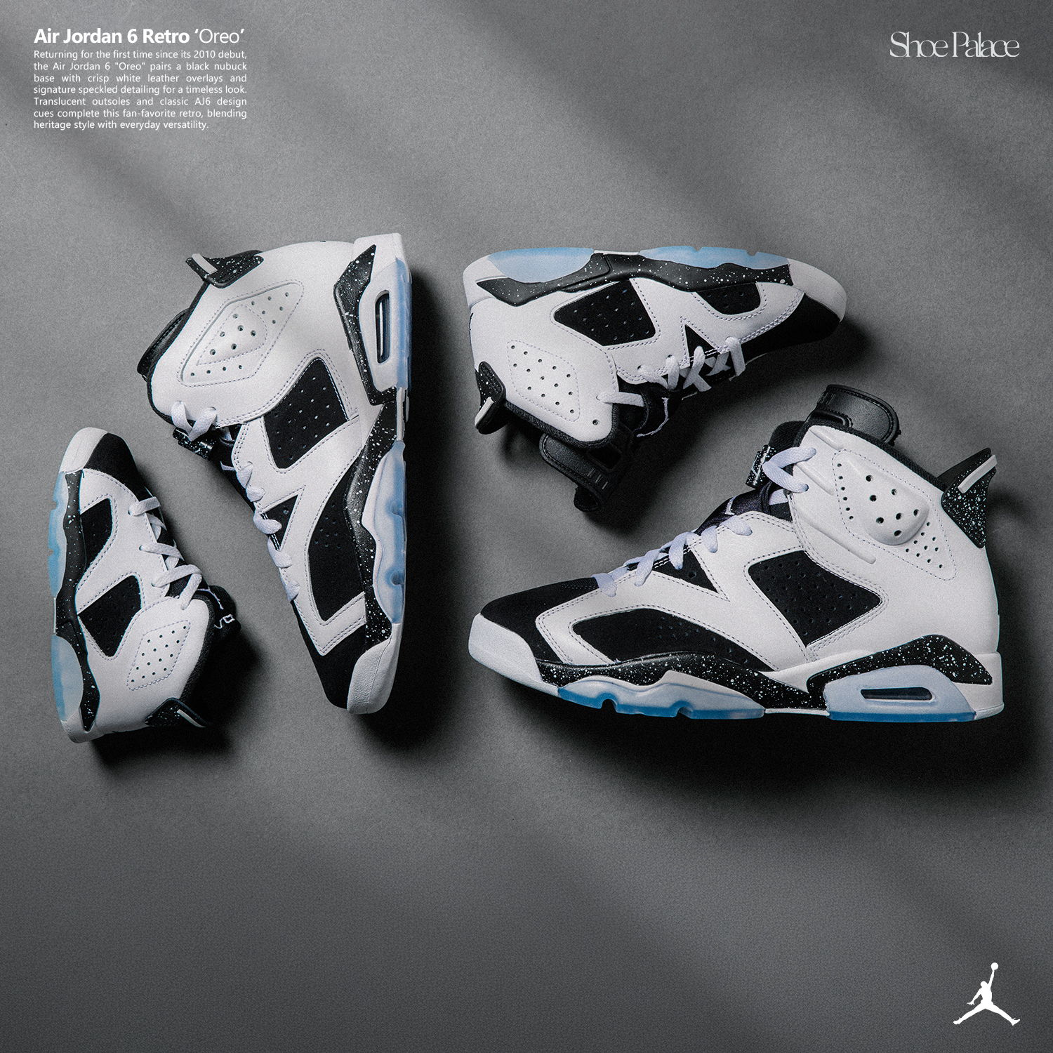 Jordan sneakers displayed in various sizes on a gray background.