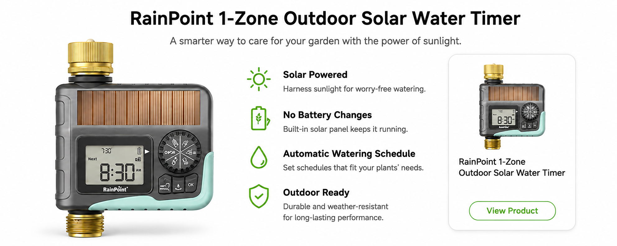 RainPoint 7-Zone Outdoor Solar Water Timer with features and specifications.