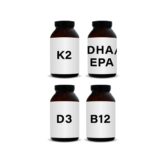 Bottles of Vitamin K2, Vitamin D3, Vitamin B12, and Omega-3 DHA and EPA