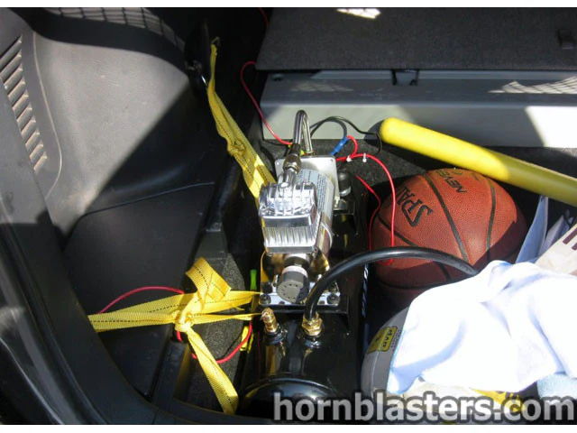 Silver compressor black air tank cargo area yellow straps Wesley's RAV4 228H onboard air gallery photo 4