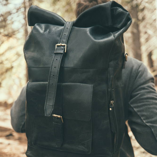 Men's Leather Backpack - Roll Top Rucksack for Laptops