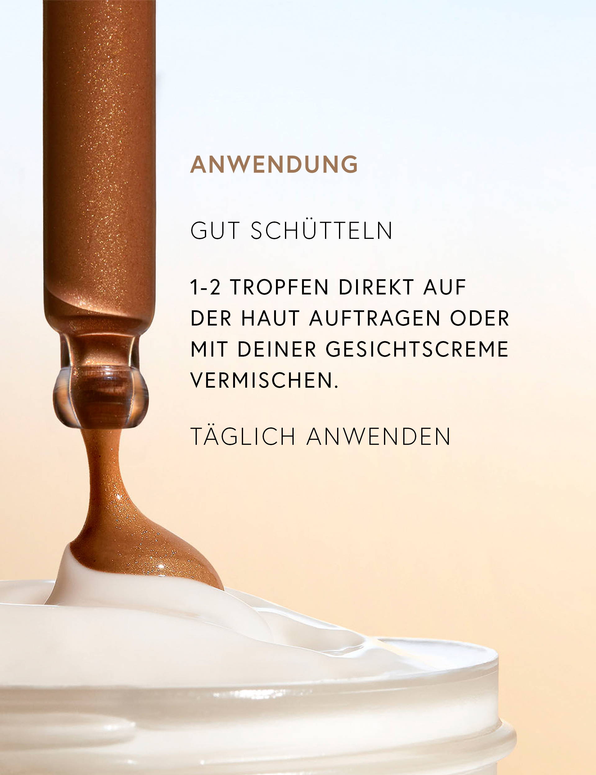 Instructions for applying a skincare product with a dropper and cream.