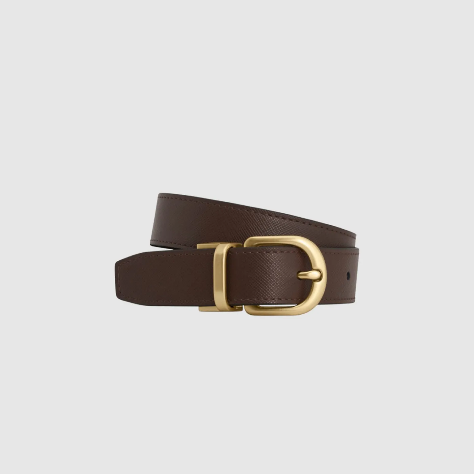 Brown leather belt with a gold buckle.