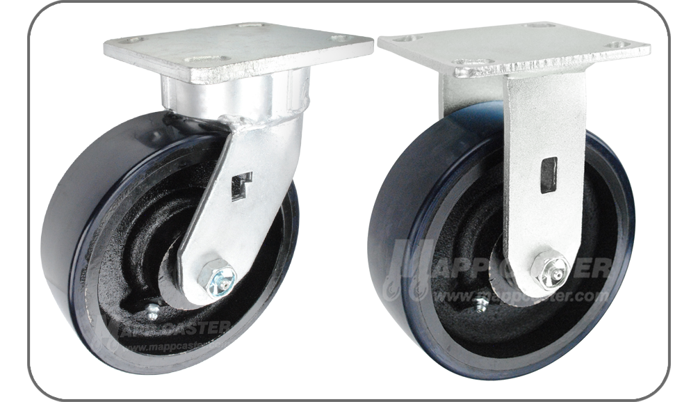 Dark Blue & black polyurethane on iron swivel & rigid plate casters - Non-marking, Floor Protective, Smooth Rolling, Crowned Tread, NSF Certified