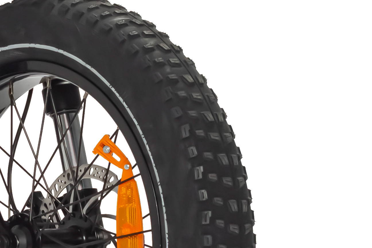 Close-up of the front wheel of X-Class 52V Ebike