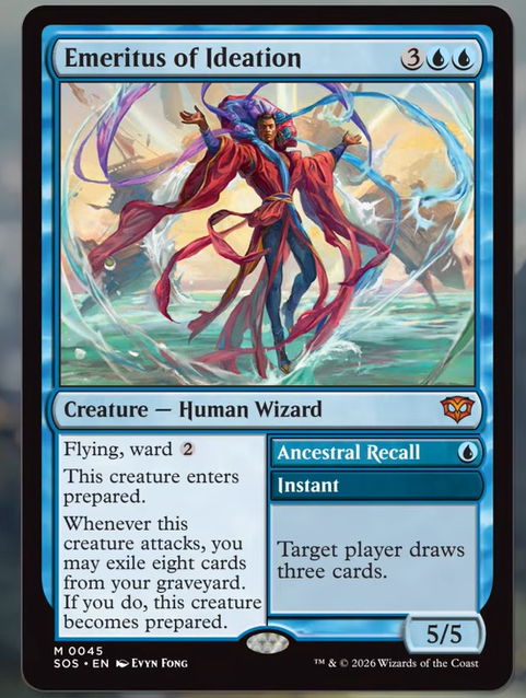 The card Emeritus of Ideation who has the new prepared mechanic from Secrets of Strixhaven.