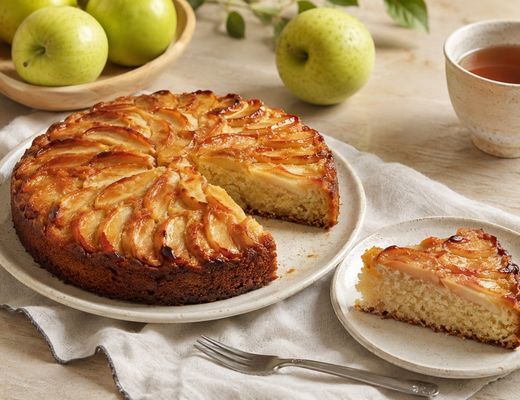 Apple cake on a plate with a slice cut out, surrounded by green apples.