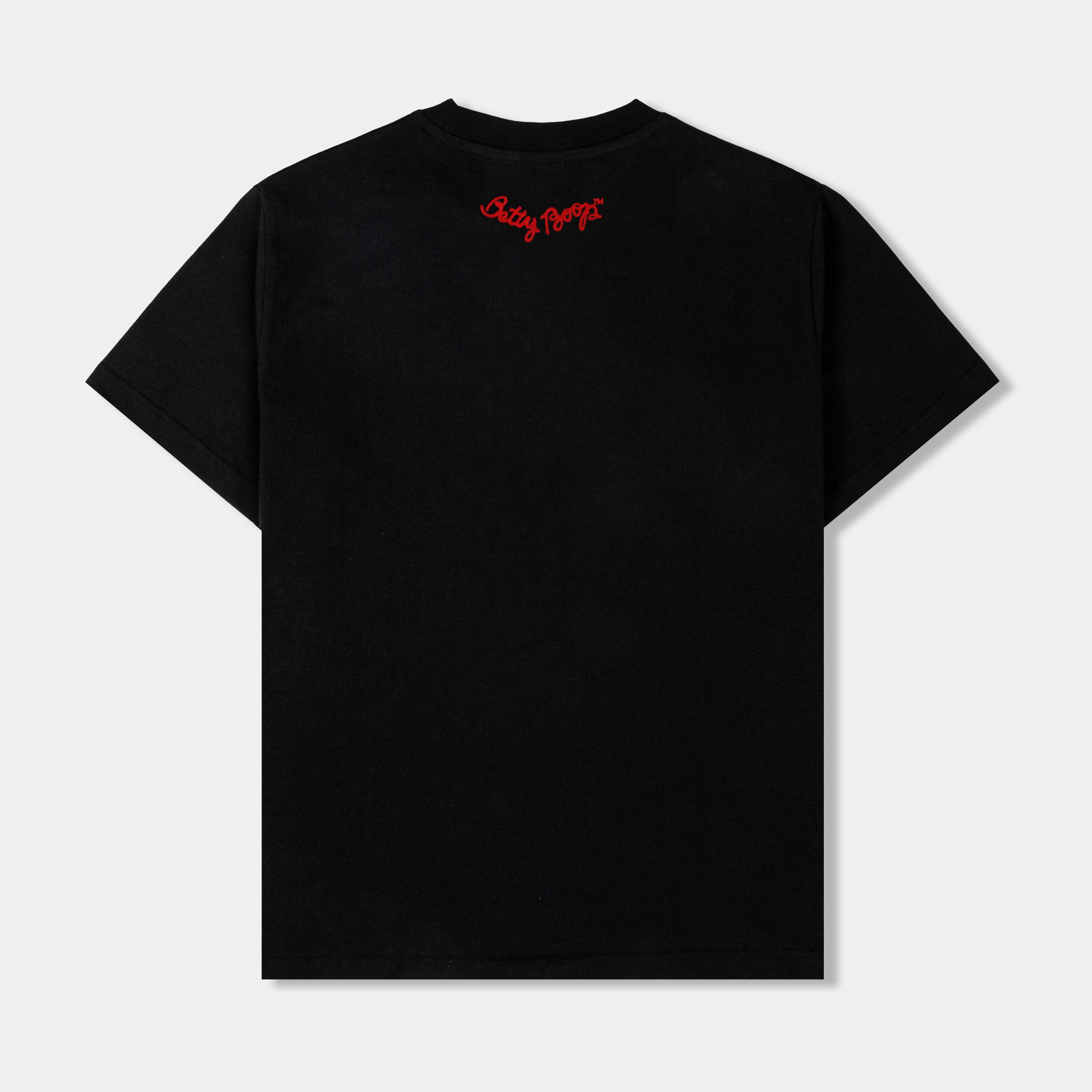 Black t-shirt featuring cartoon characters, including a girl and two animals.