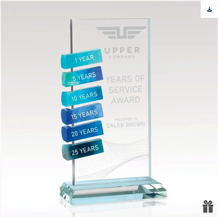 Award plaque with service years: 1, 5, 10, 15, 20, and 25 years.