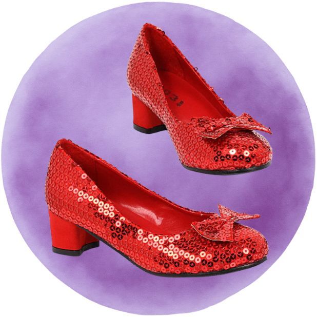 A purple circle with our sparkly red deluxe girls shoes. Click to shop all Book Week Shoes.