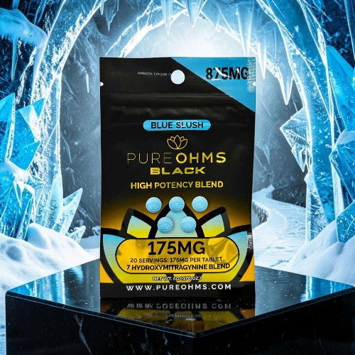 A package of Pure Ohms Black high potency blend, 175mg, against an icy background.