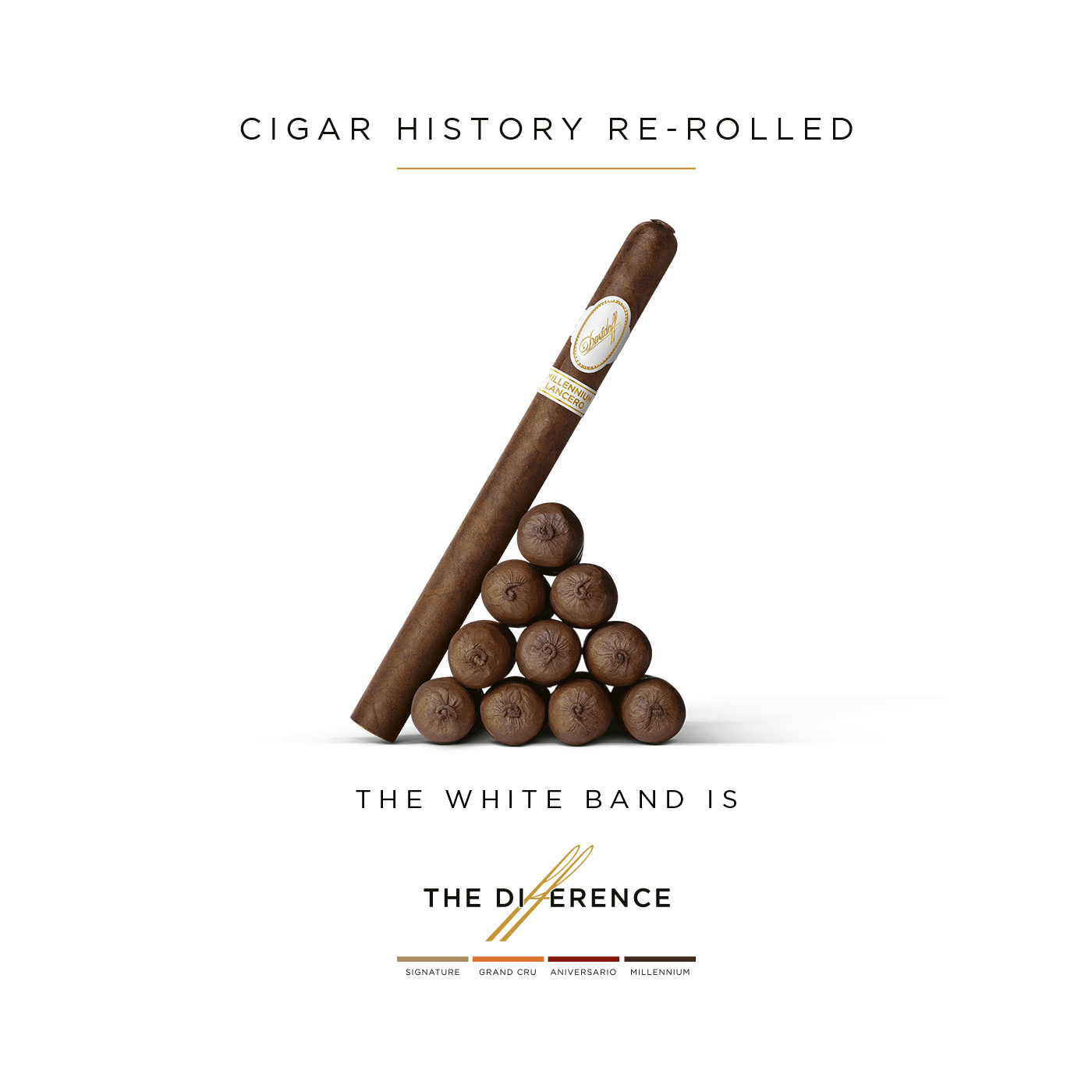Ten Davidoff Millennium Lancero cigars in a triangle-shaped pile with the eleventh cigar leaning against it.