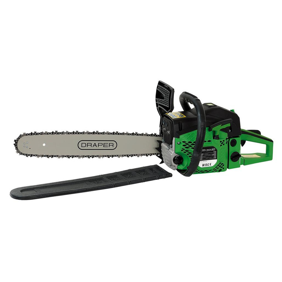 Green and black chainsaw with a guide bar and chain.