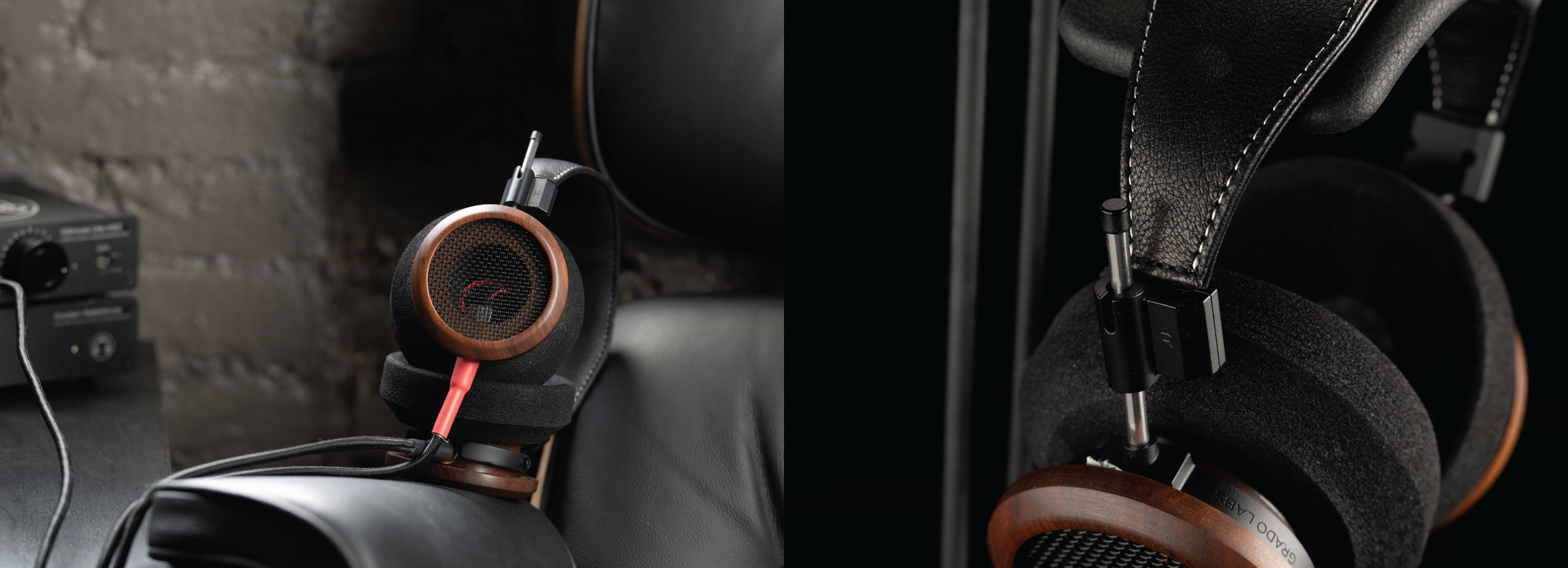 A collage of two photos. On the left hand side is a photo of the S950 headphones resting on a black leather chair. On the right is a close up photo of the black headband of the S950 headphones.