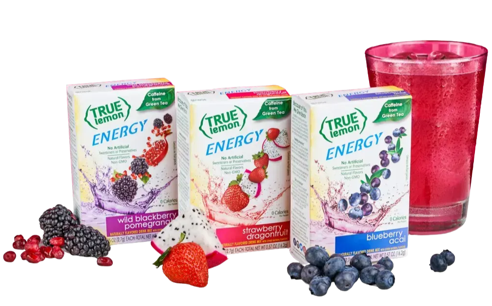 Three boxes of true energy drink packets: wild blackberry pomegranate, strawberry dragonfruit, and blueberry a
