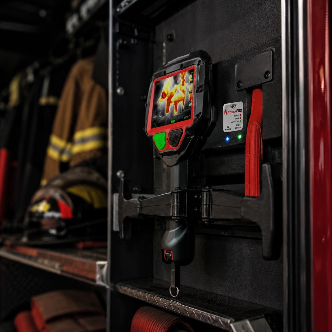 A fire department tool mounted in a storage unit with firefighter gear.